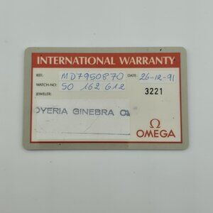 Omega International warranty card 1991 w/ Dealer Ref: MD7950870 Ephemera Vintage